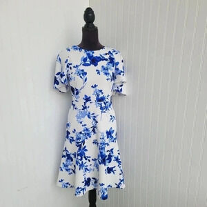 LAUREN RALPH LAUREN Womens White Blue Floral Dress Stretch Ruffled Sleeves Zip 0